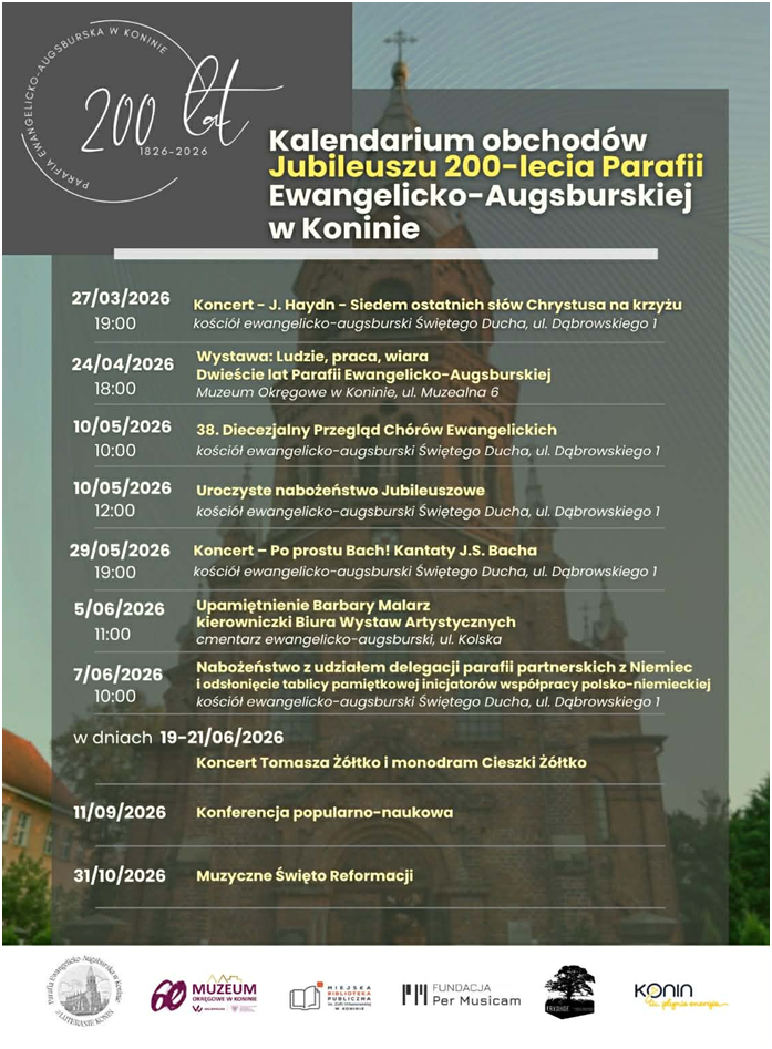 Kalendarium obchodów Jubileuszu 200-lecia Parafii Ewangelicko-Augsburskiej w Koninie